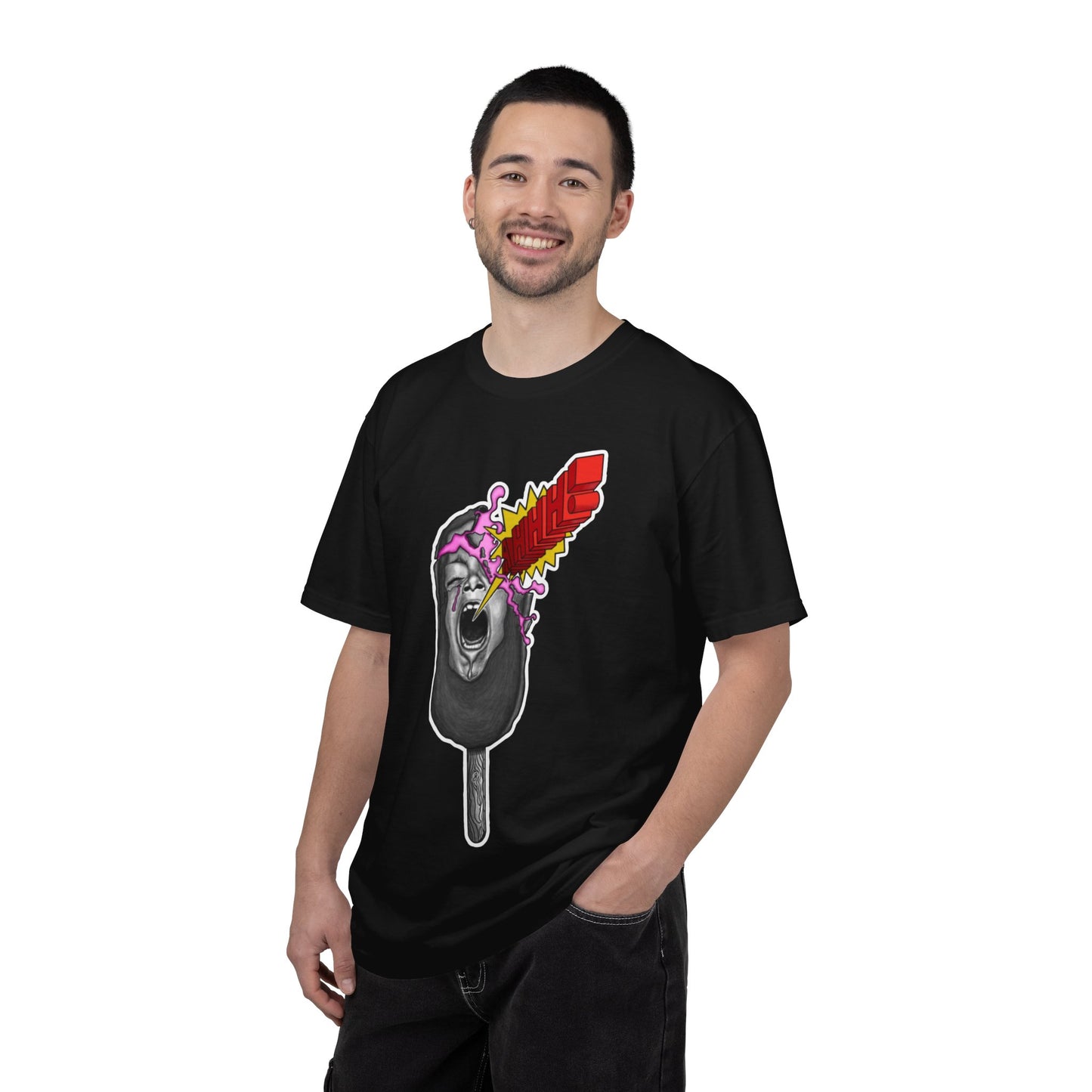 Graphic T-Shirt — Surreal Melted Popsicle Skull with Red Feather Burst