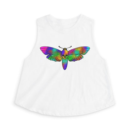 Psychedelic Moth Crop Top — Rainbow Skull Moth Graphic Tank for Women