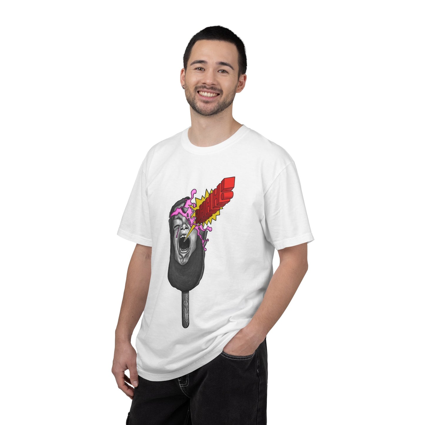 Graphic T-Shirt — Surreal Melted Popsicle Skull with Red Feather Burst