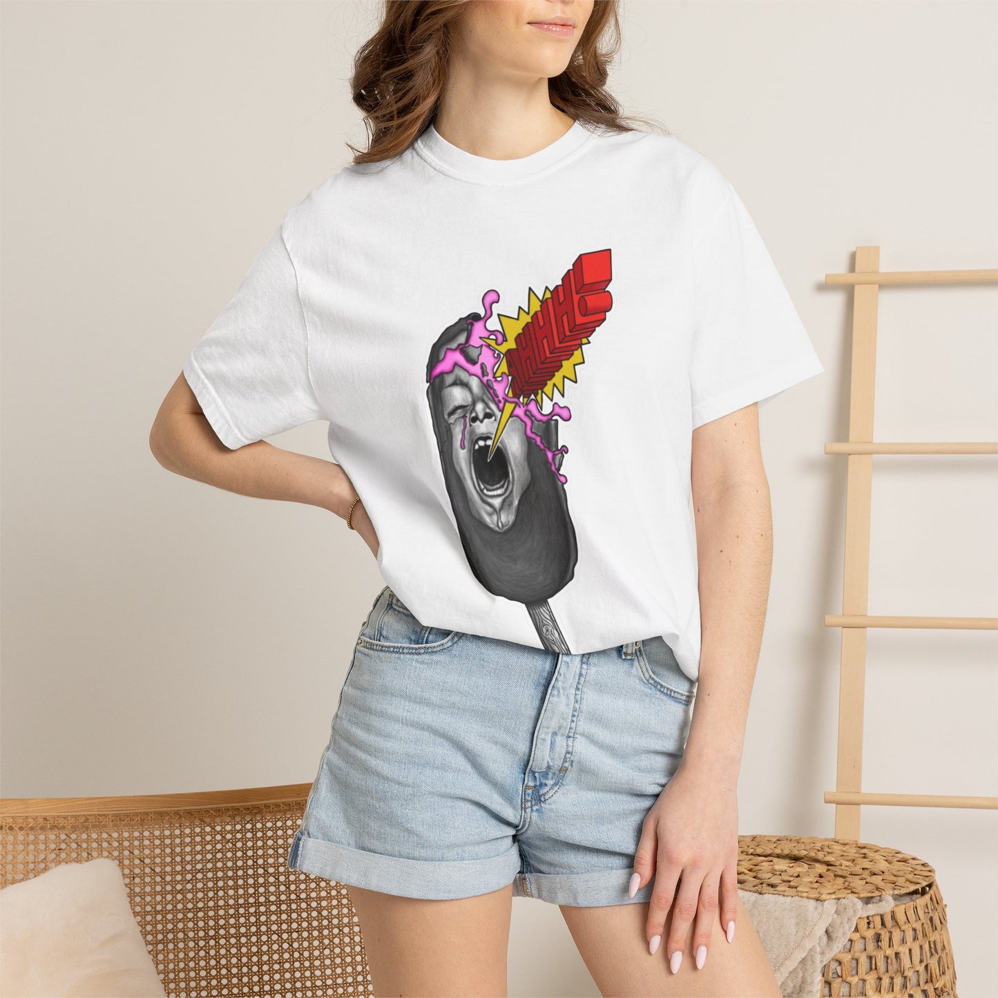 Graphic T-Shirt — Surreal Melted Popsicle Skull with Red Feather Burst