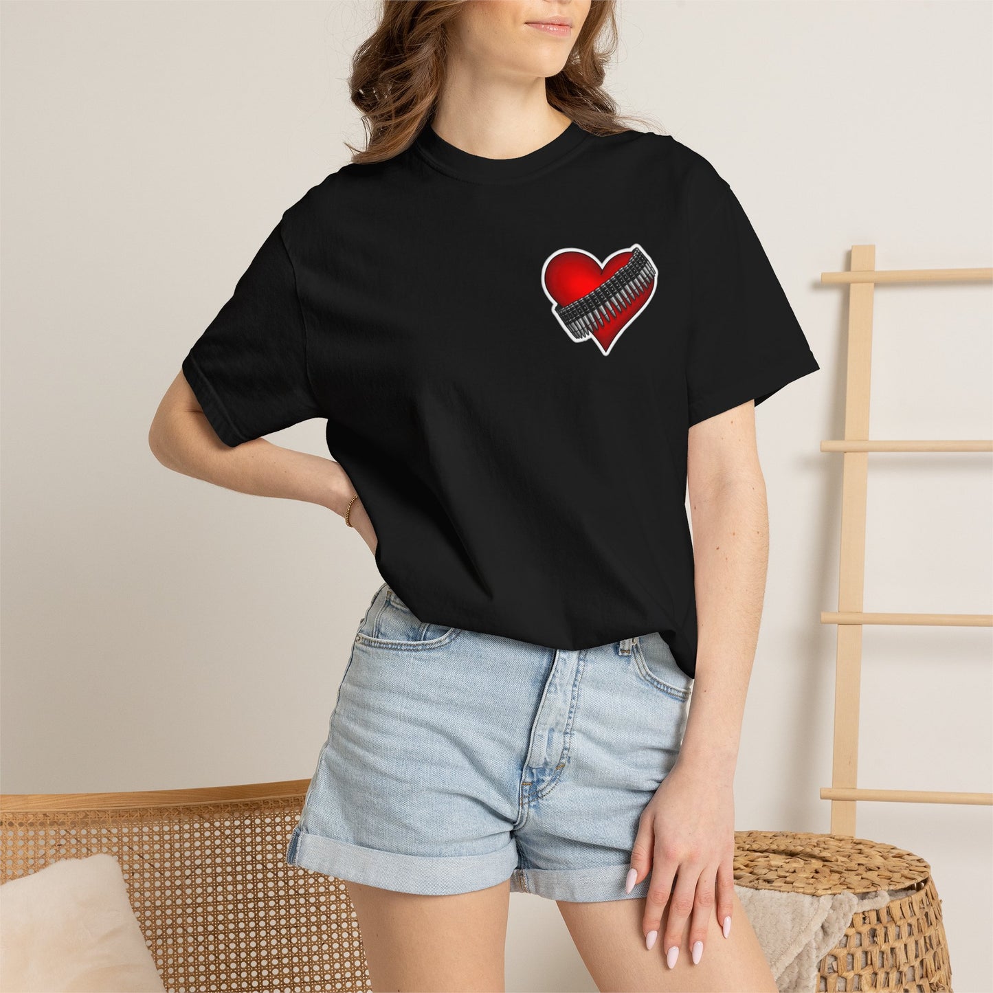 Heart Zipper T-Shirt — Red Heart Graphics Tee with Balloon Radio Back Print