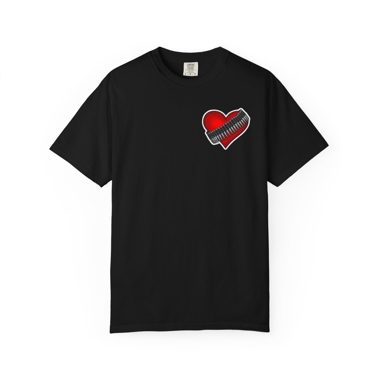 Heart Zipper T-Shirt — Red Heart Graphics Tee with Balloon Radio Back Print
