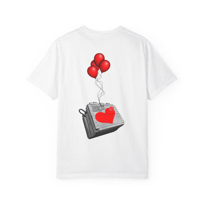 Heart Zipper T-Shirt — Red Heart Graphics Tee with Balloon Radio Back Print