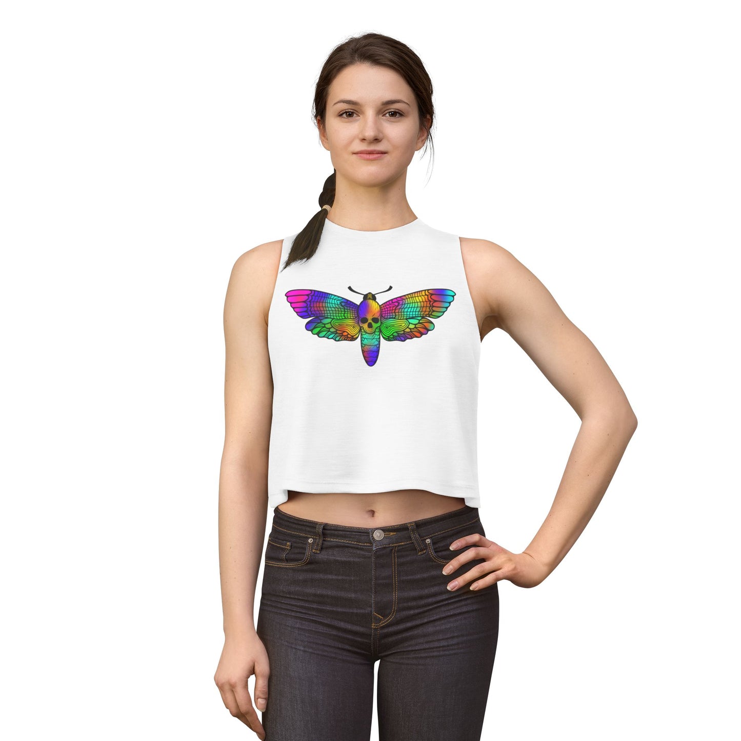Psychedelic Moth Crop Top — Rainbow Skull Moth Graphic Tank for Women