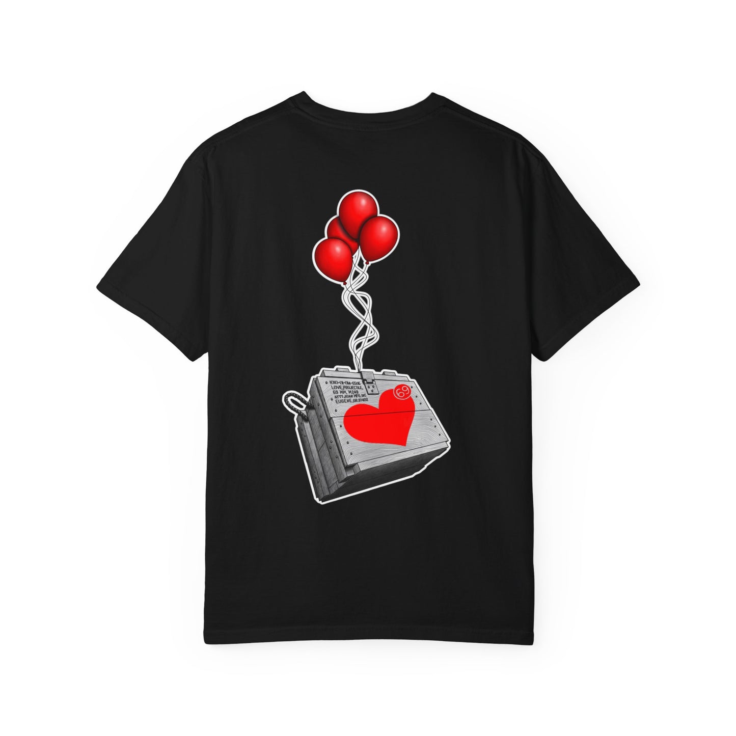 Heart Zipper T-Shirt — Red Heart Graphics Tee with Balloon Radio Back Print