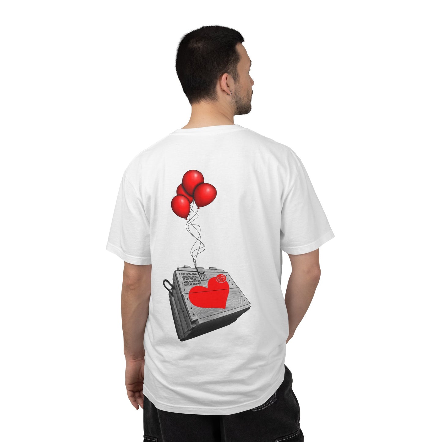 Heart Zipper T-Shirt — Red Heart Graphics Tee with Balloon Radio Back Print