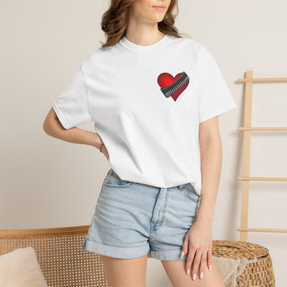 Heart Zipper T-Shirt — Red Heart Graphics Tee with Balloon Radio Back Print