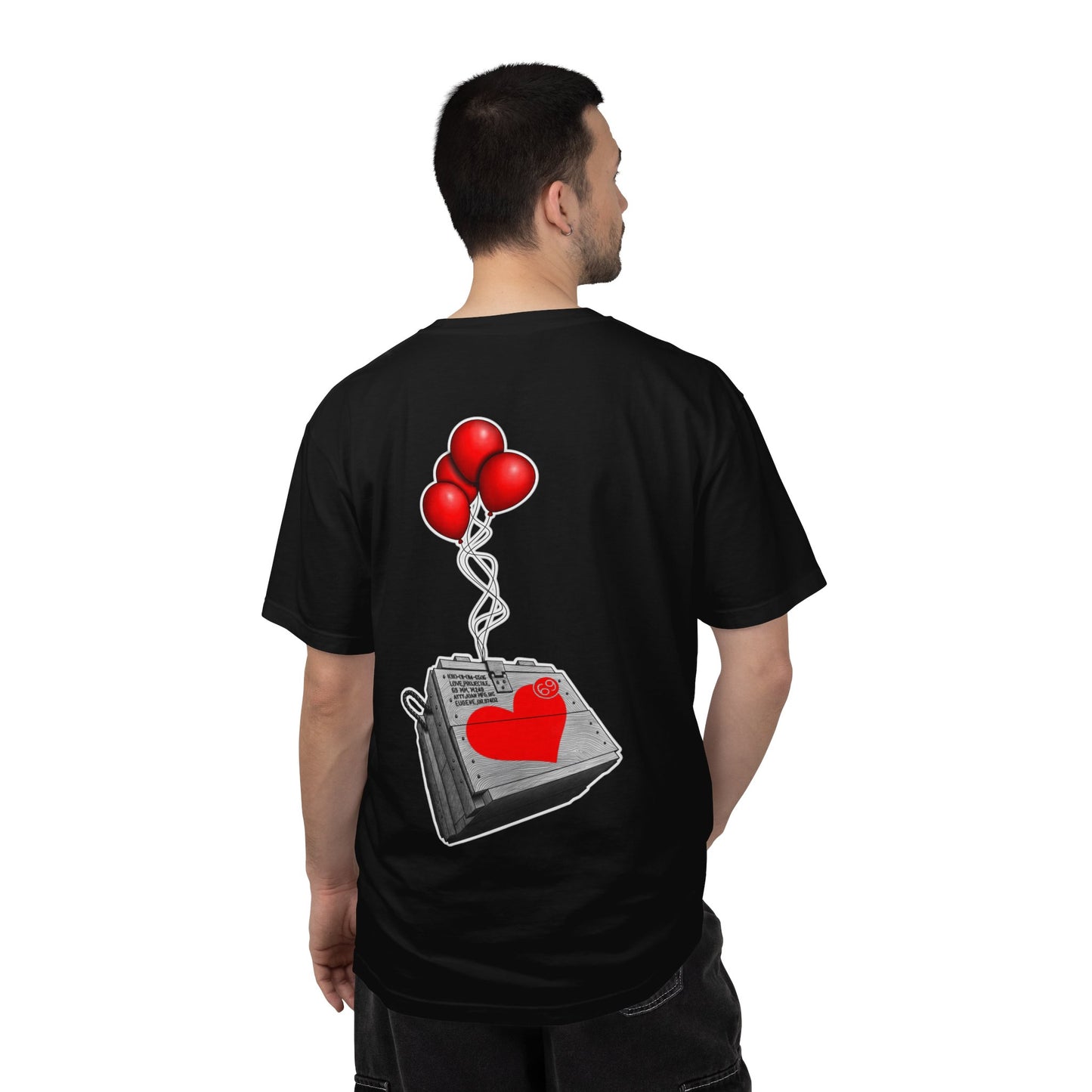 Heart Zipper T-Shirt — Red Heart Graphics Tee with Balloon Radio Back Print