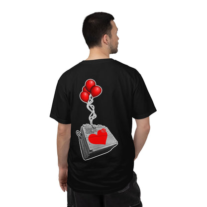 Heart Zipper T-Shirt — Red Heart Graphics Tee with Balloon Radio Back Print