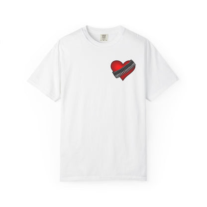 Heart Zipper T-Shirt — Red Heart Graphics Tee with Balloon Radio Back Print